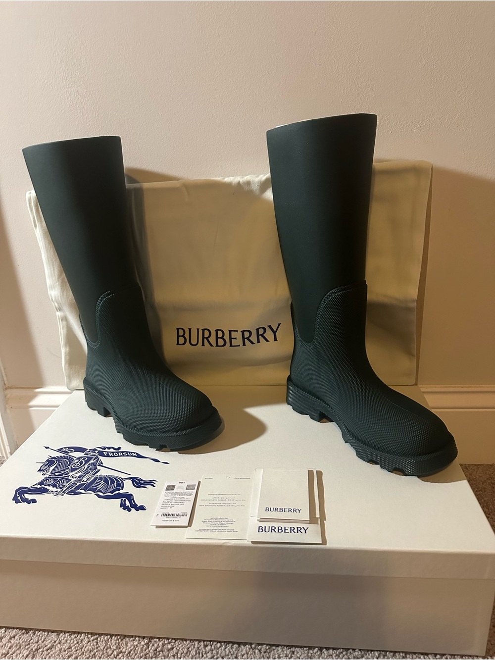 Burberry Tall Dark Green Textured Rubber Rain Boots